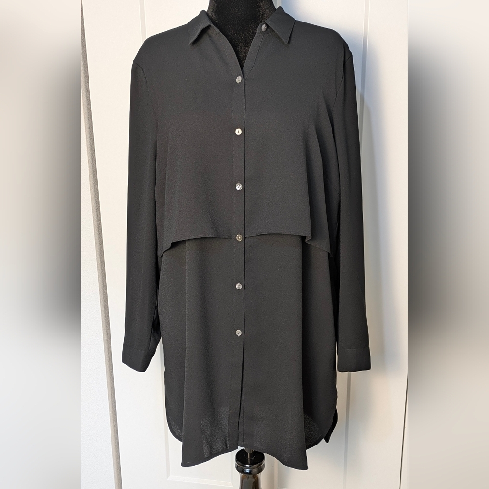 J. Jill Women's Black Button Front Chiffon Layered Tunic Long Sleeve Size Large